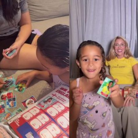 Karoline encanta ao mostrar reação da filha ao ver figurinha de Militão no álbum da Copa