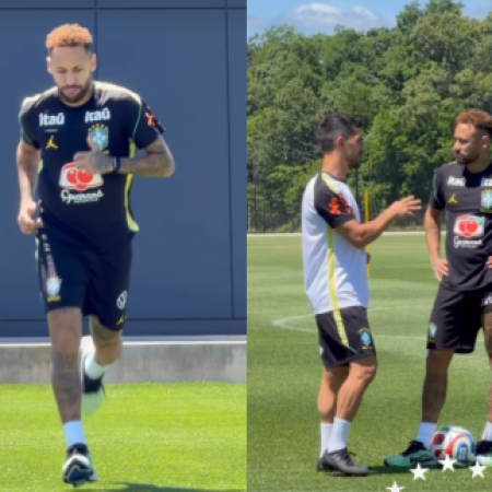 Ainda sem treinar com o grupo, Neymar vai a campo pela 1ª vez e corre de tênis
