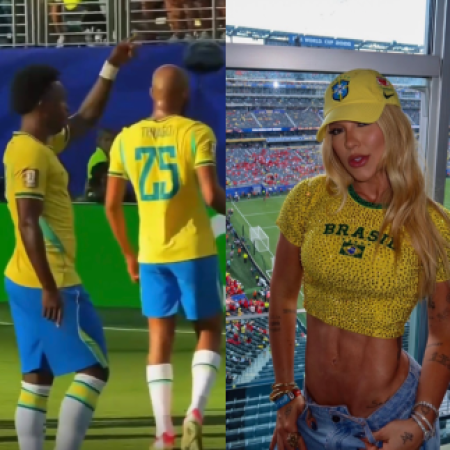 Após abrir o placar para o Brasil, Vini Jr. comemora e dedica gol a Virginia Fonseca