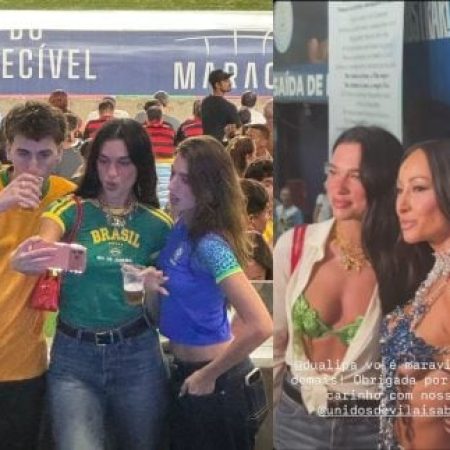 Tragam o CPF! Em uma mesma noite, Dua Lipa vai a ensaio de Carnaval e assiste jogo no Maracanã