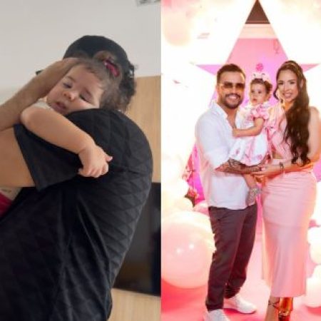 Filha de Victor Hugo, dupla de Diego, emociona ao não sair do colo do pai antes de viagem