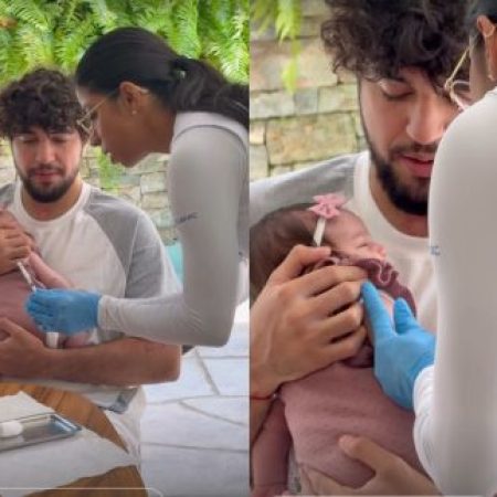 Zuza recebe vacina no colo de Nattanzinho e Rafa Kalimann se derrete: “Ela é dura”